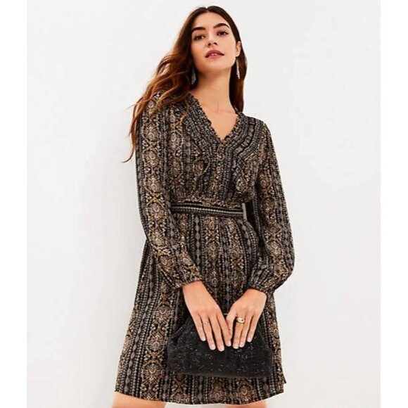 Loft Womens Plus 16 Shimmer Ruffle V Neck Flare Dress Black Metallic Long Sleeve - Picture 3 of 11